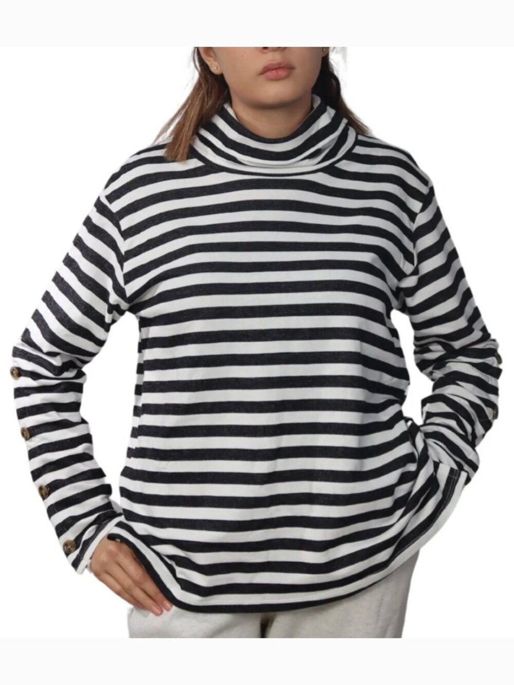 ST. JOHN’S BAY Funnel Neck Sweatshirt White Black Striped 100% Cotton PETITE M